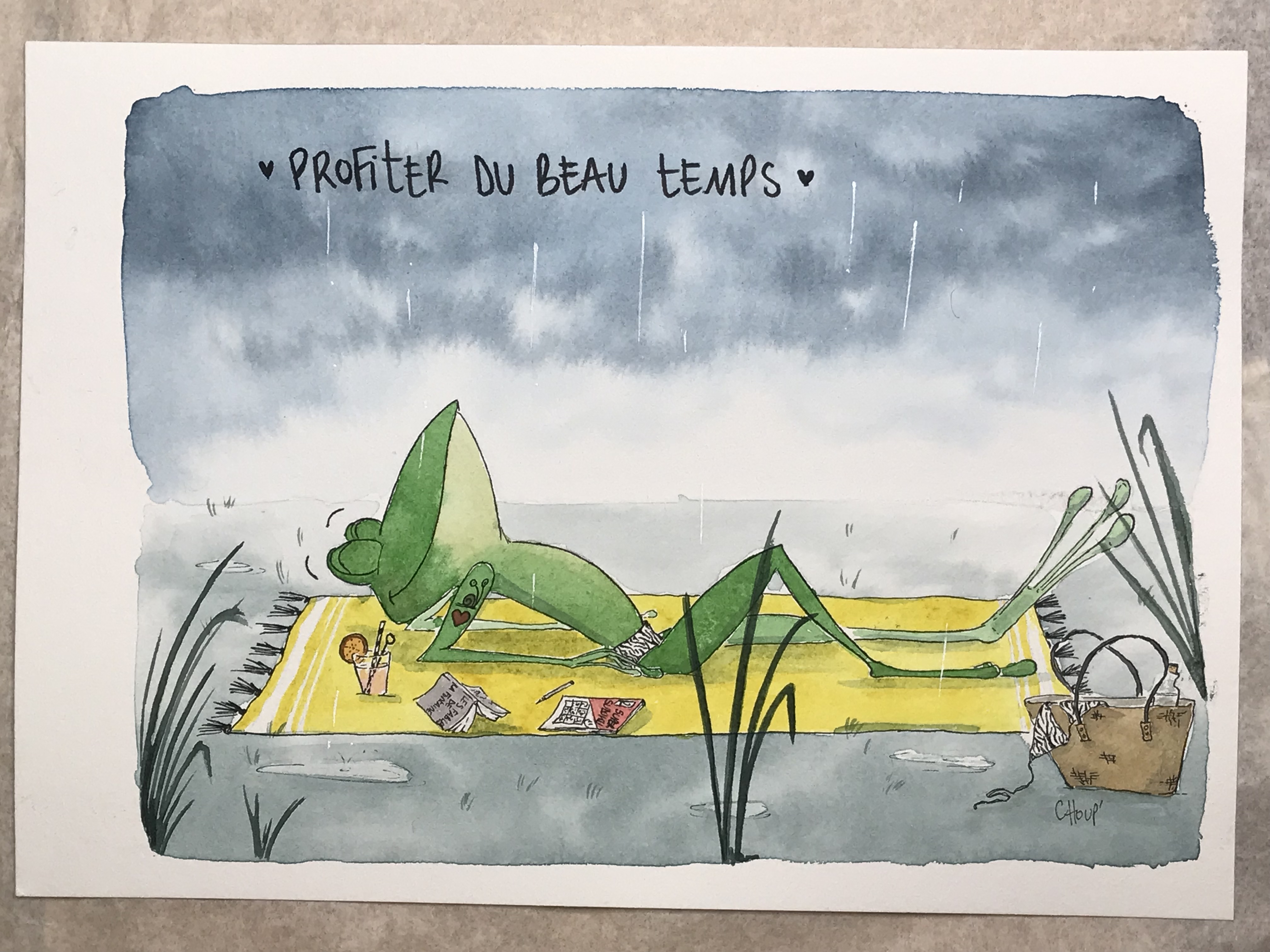 Dessin d'une grenouille qui se repose sous la pluie